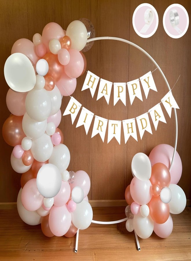 Flyloons زينة عيد ميلاد سعيد من فلاي لونز، بتصميم أبيض ووردي، للبنات والسيدات والأمراء والأطفال | 30 بالونًا ورديًا وأبيض وذهبيًا ورديًا | لافتة ورقية بيضاء مكتوب عليها "عيد ميلاد سعيد" | شريط قوس | نقاط لاصقة - Image 1